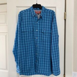 Men’s Simms Snap Front Long Sleeve Fishing Shirt NWT Large Cornflower Plaid Blue